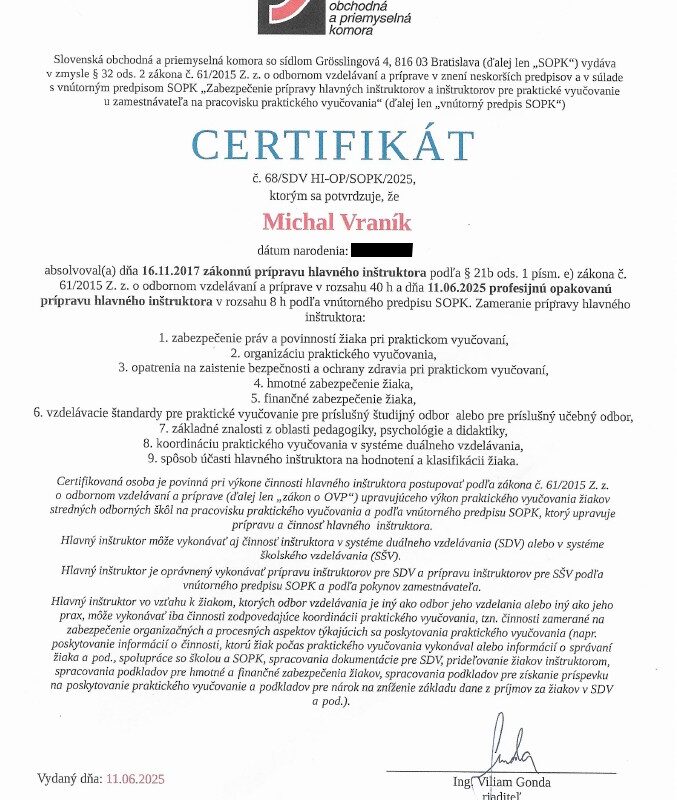 Certifikát - Michal Vraník