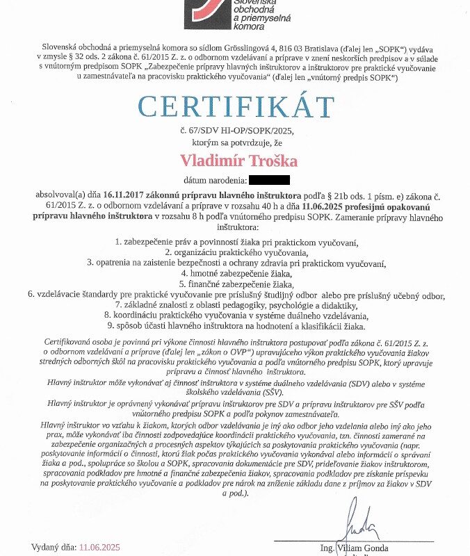 Certifikát - Vladimír Troška